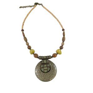 Wood Stone Amulet Choker Necklace Statement Jewelry Tribal Piece u